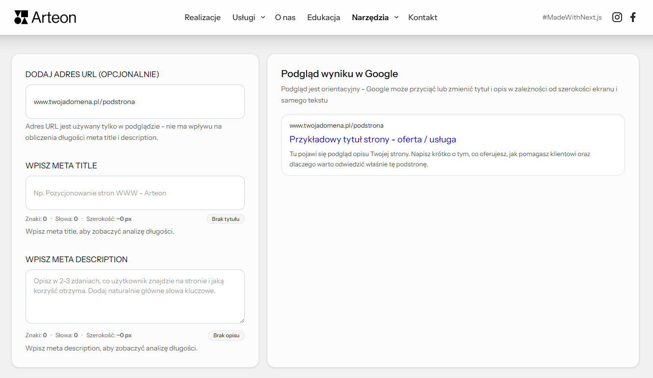 Meta Title & Description Length Checker - Main product screenshot demonstrating key features and user interface