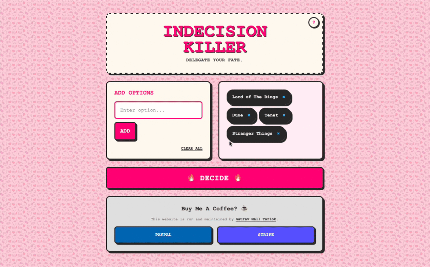The Indecision Killer - Main product screenshot demonstrating key features and user interface