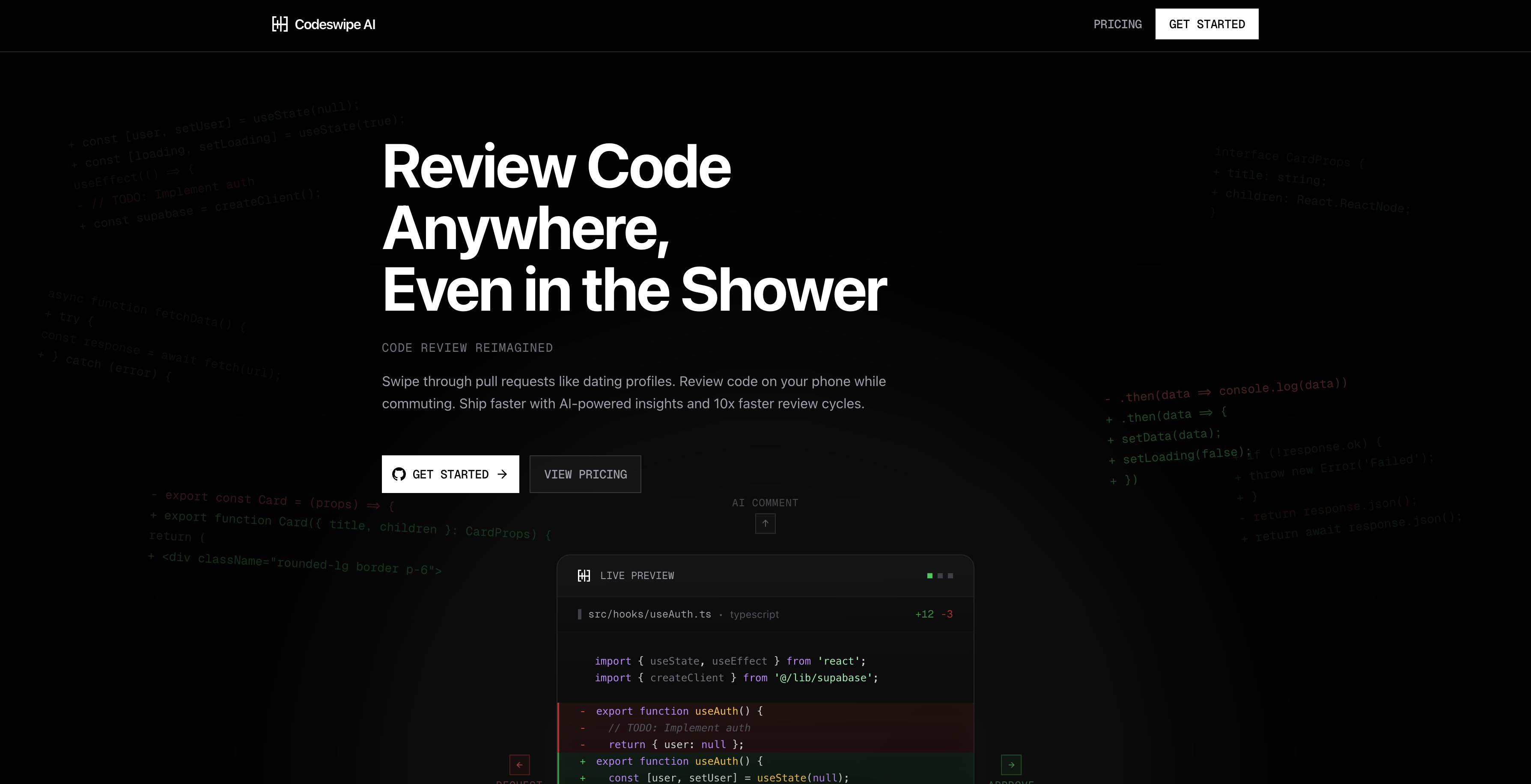 Mídia 1 de Desligue o lançamento!Codeswipe AI 1º lançamento - Revise o código em qualquer lugar, mesmo no chuveiro
