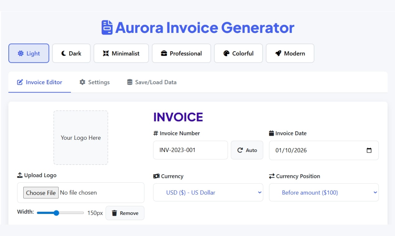 Aurora Invoice Generator - Screenshot 2 showing product features and functionality