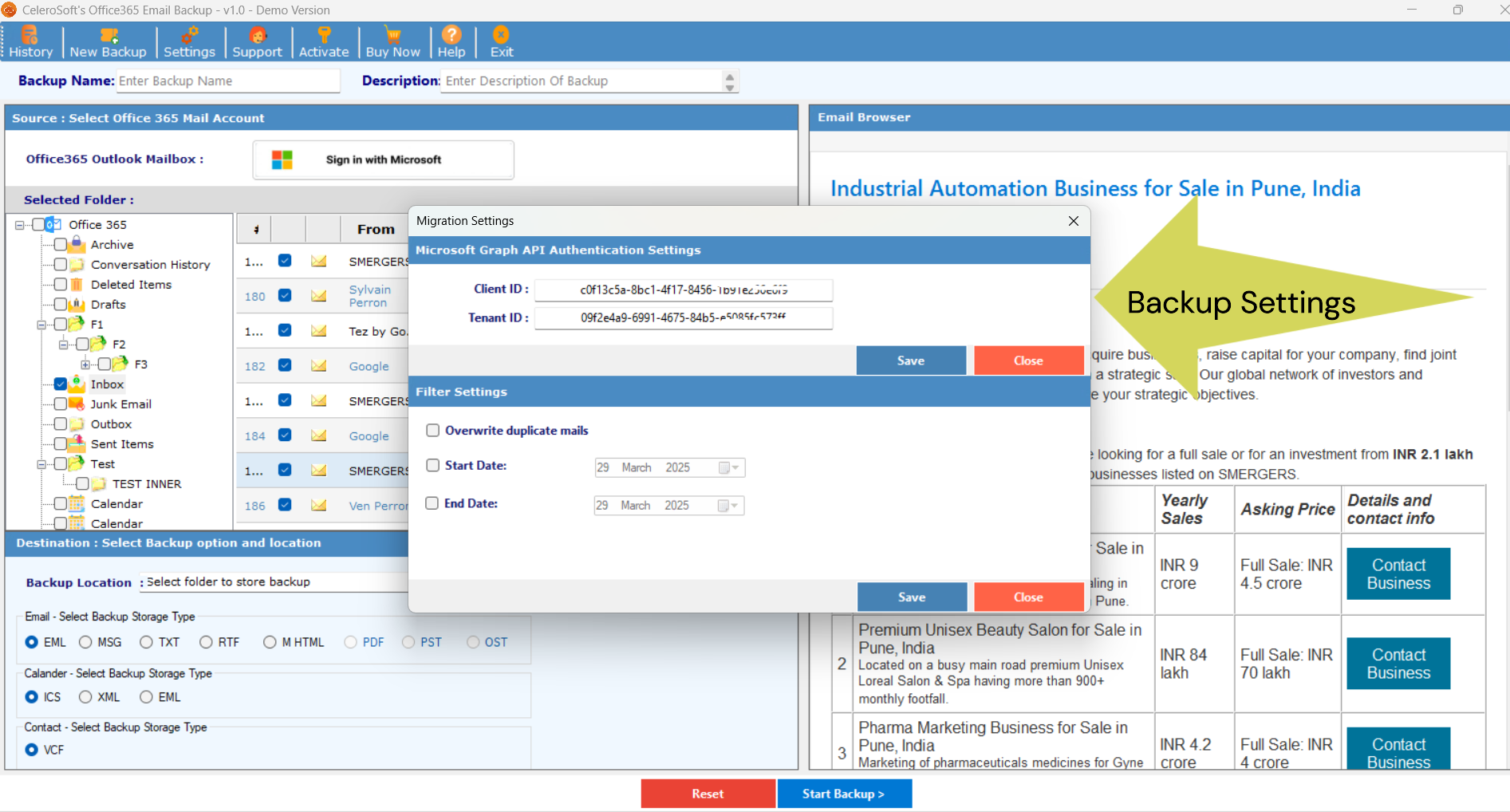 Celerosoft's Office 365 Email Backup - Screenshot 2 showing product features and functionality