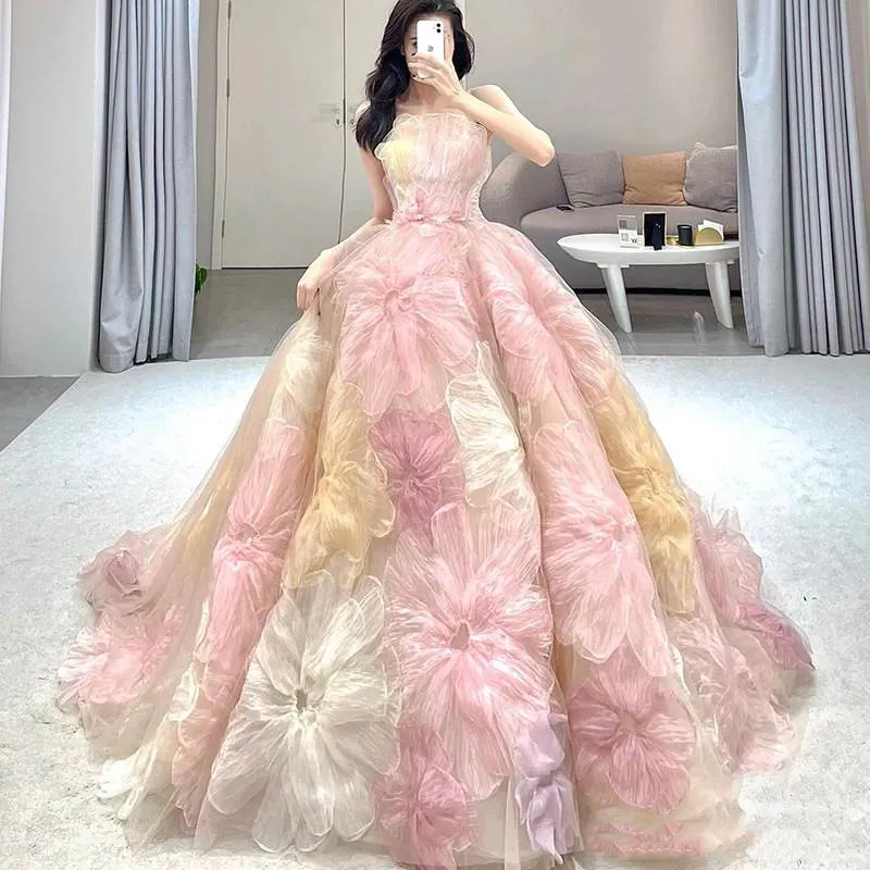 Strapless 3D Flowers Pink Wedding Gowns