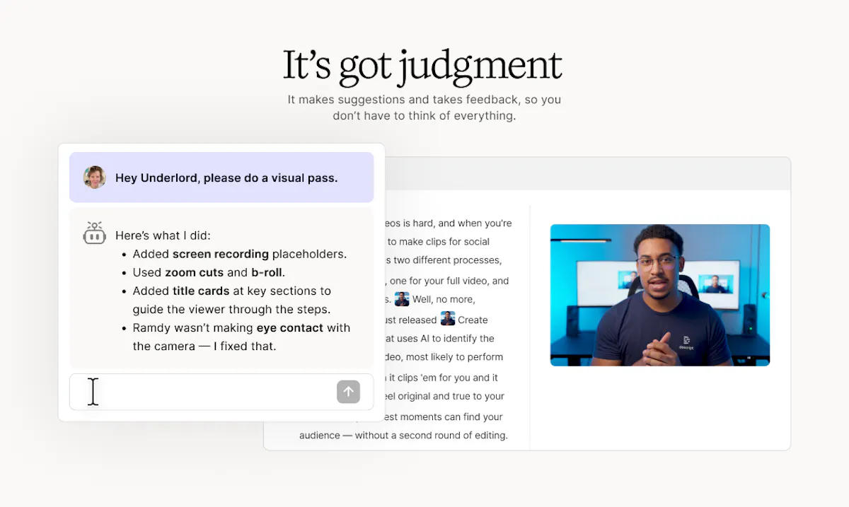 Descript AI assistant panel showing automatic edit suggestions like screen recording placeholders and title cards