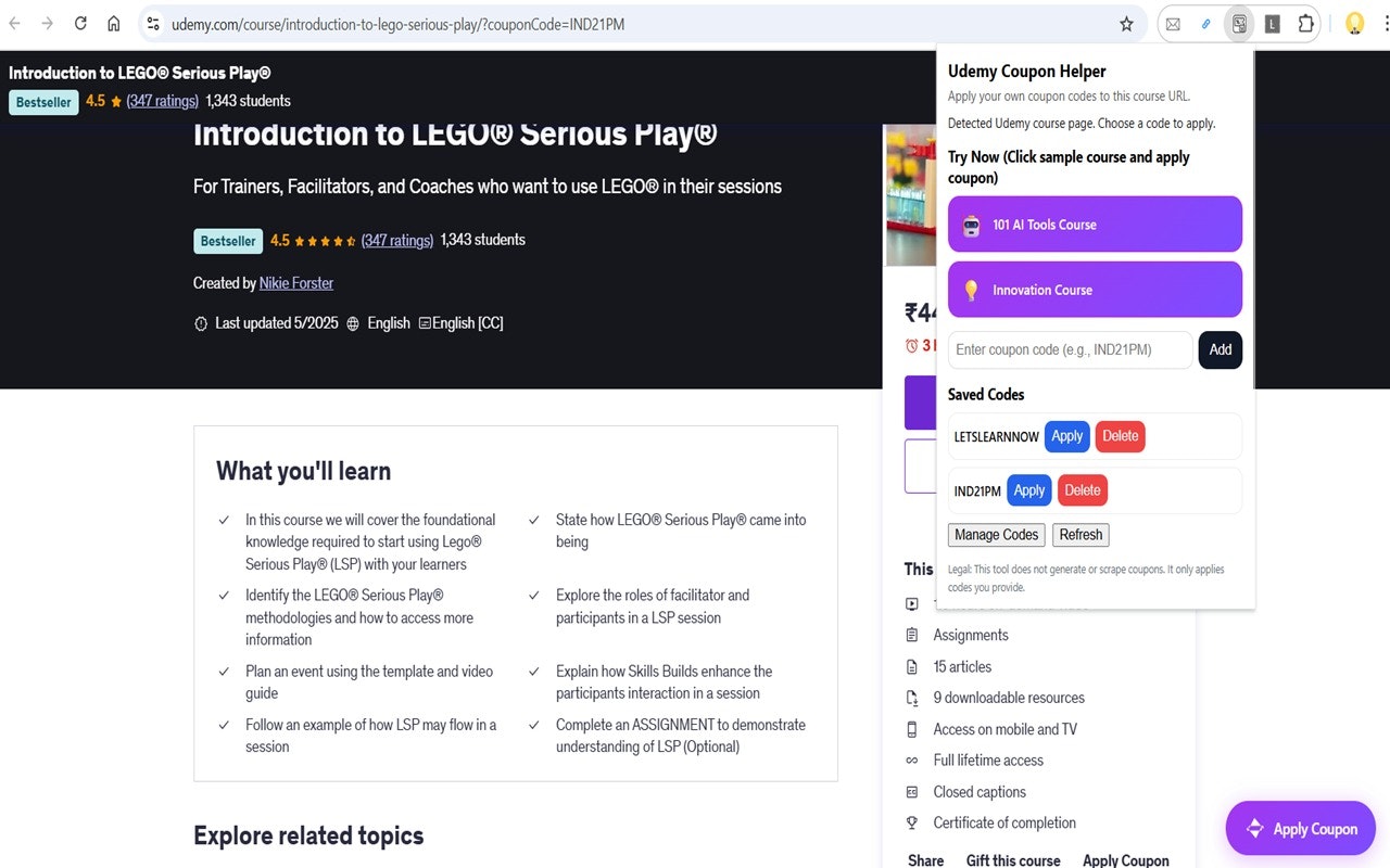 Média Udemy Coupon Helper (légal) - Appliquez vos propres codes de coupon Udemy à la page de cours actuelle 3