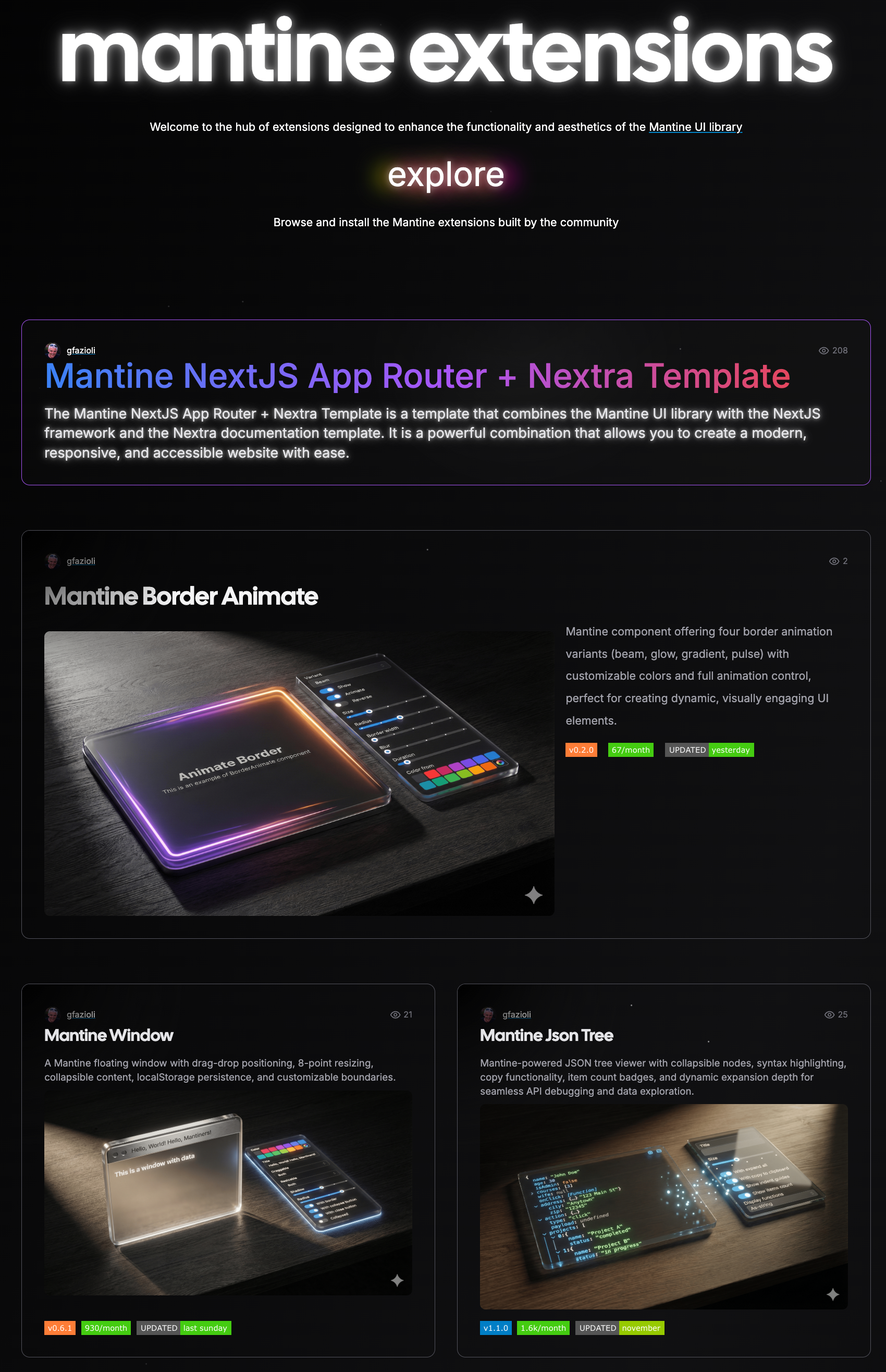 Mantine UI Extensions Hub - Main product screenshot demonstrating key features and user interface