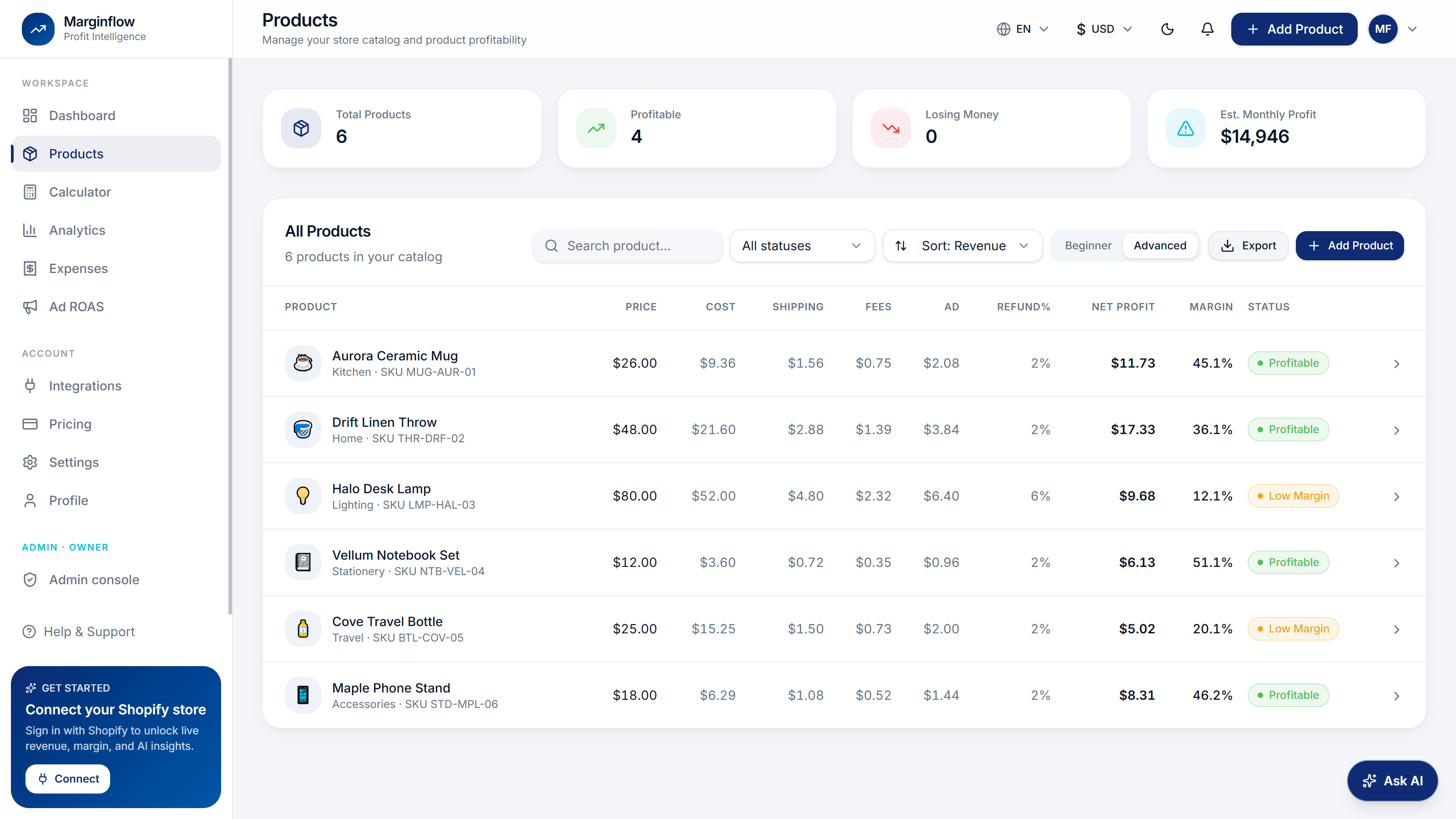 Dashboard — Marginflow gallery image