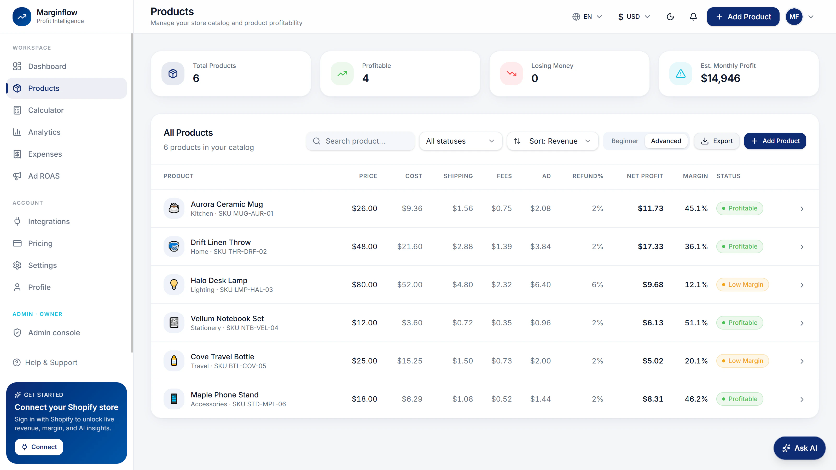 Dashboard — Marginflow 截图 3