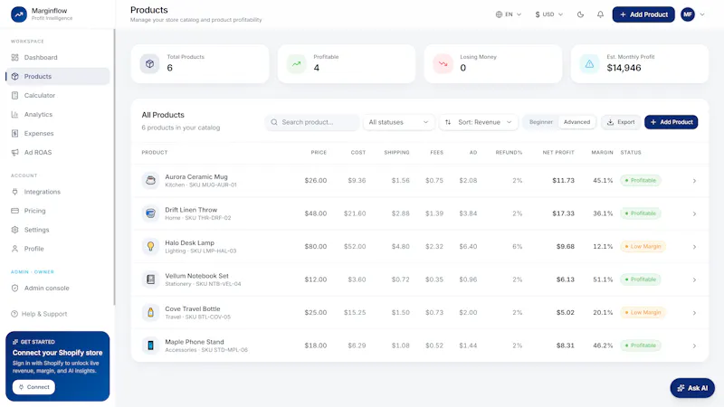 Dashboard — Marginflow screenshot 4