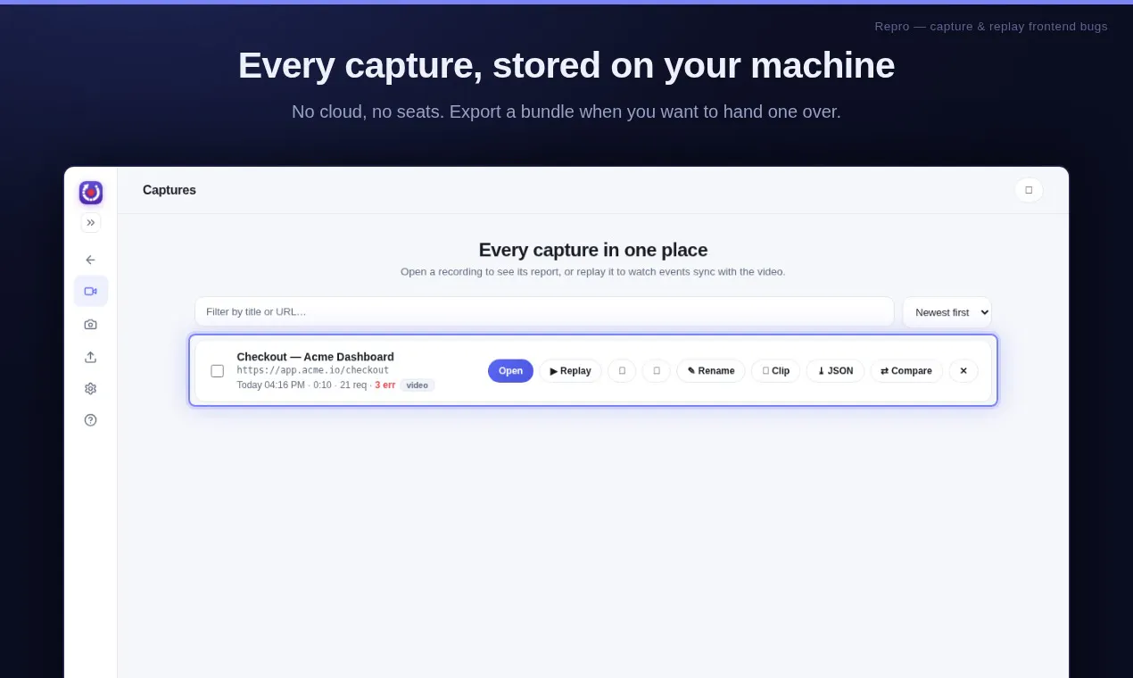 Repro — Capture & replay frontend bugs gallery image