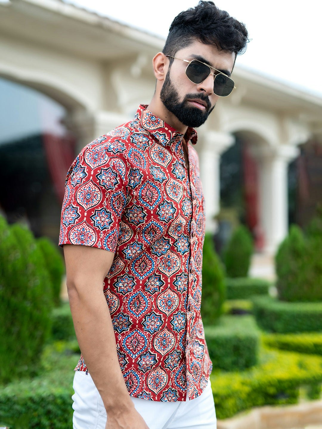 Burgundy Leaf Print Mens Shirt media 3