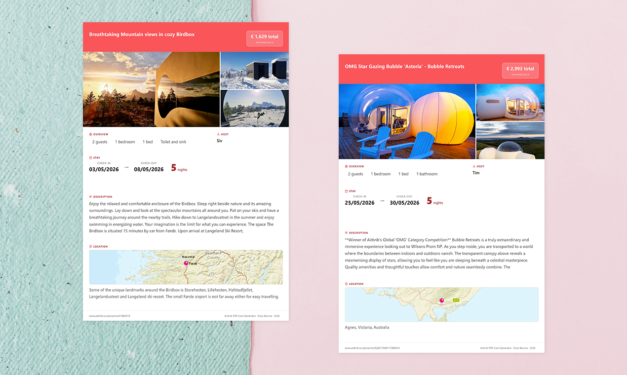 Airbnb PDF Card Generator gallery image