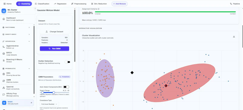 MLclustering Platform screenshot 2