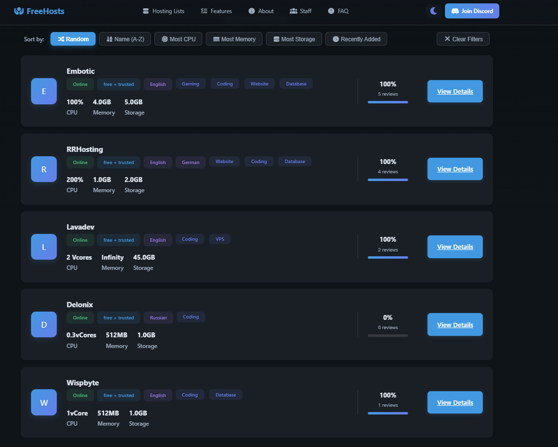 FreeHosts - Main screenshot showing features and interface