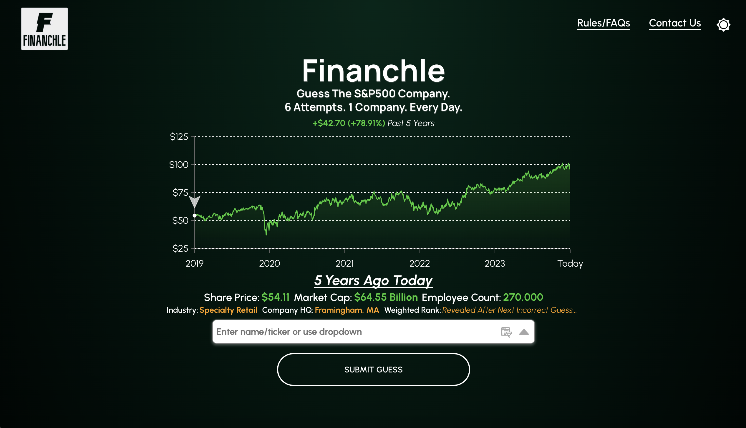 Financhle - The Wordle of Finance - Indovina la compagnia S & P500.6 tentativi.1 azienda.Ogni giorno. media 3