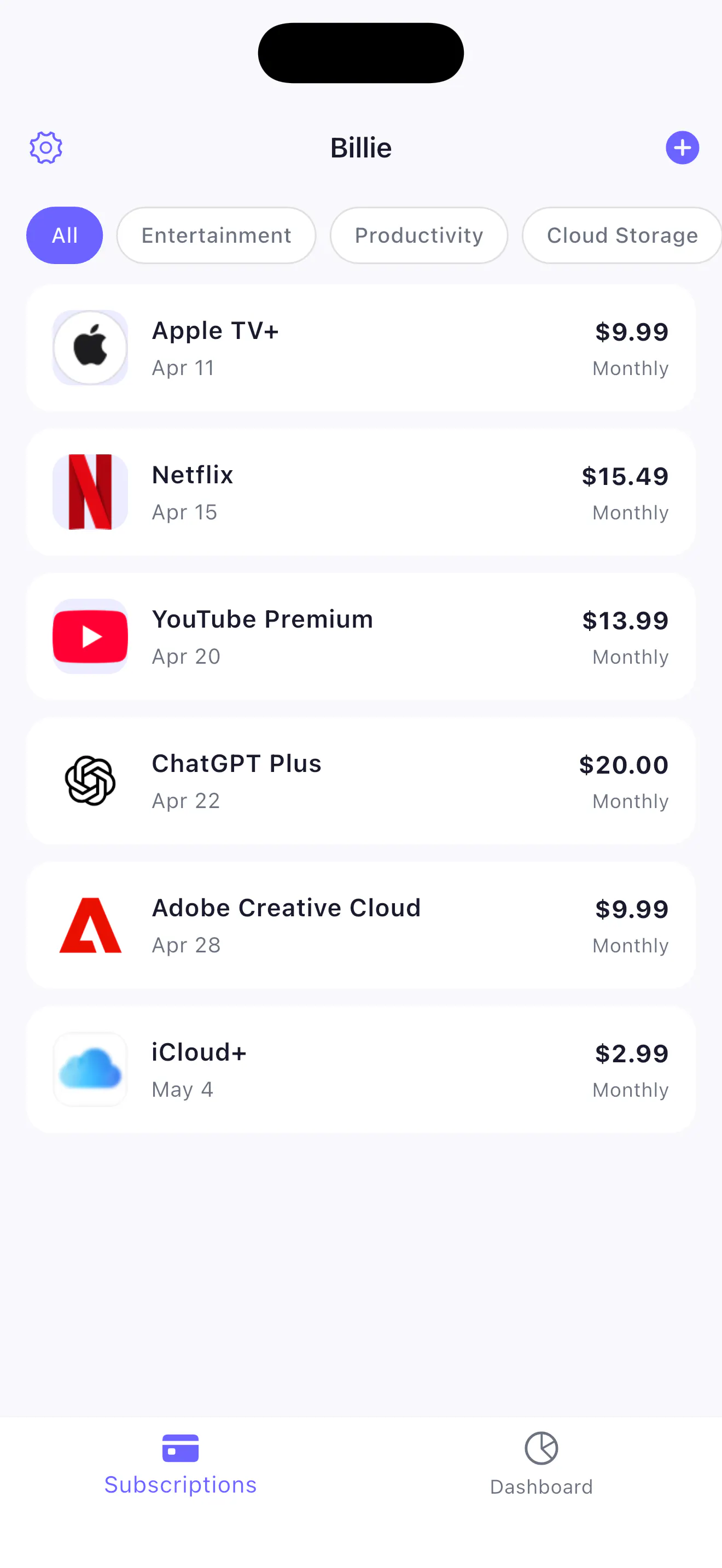 Billie - Subscription Tracker 제품 배너