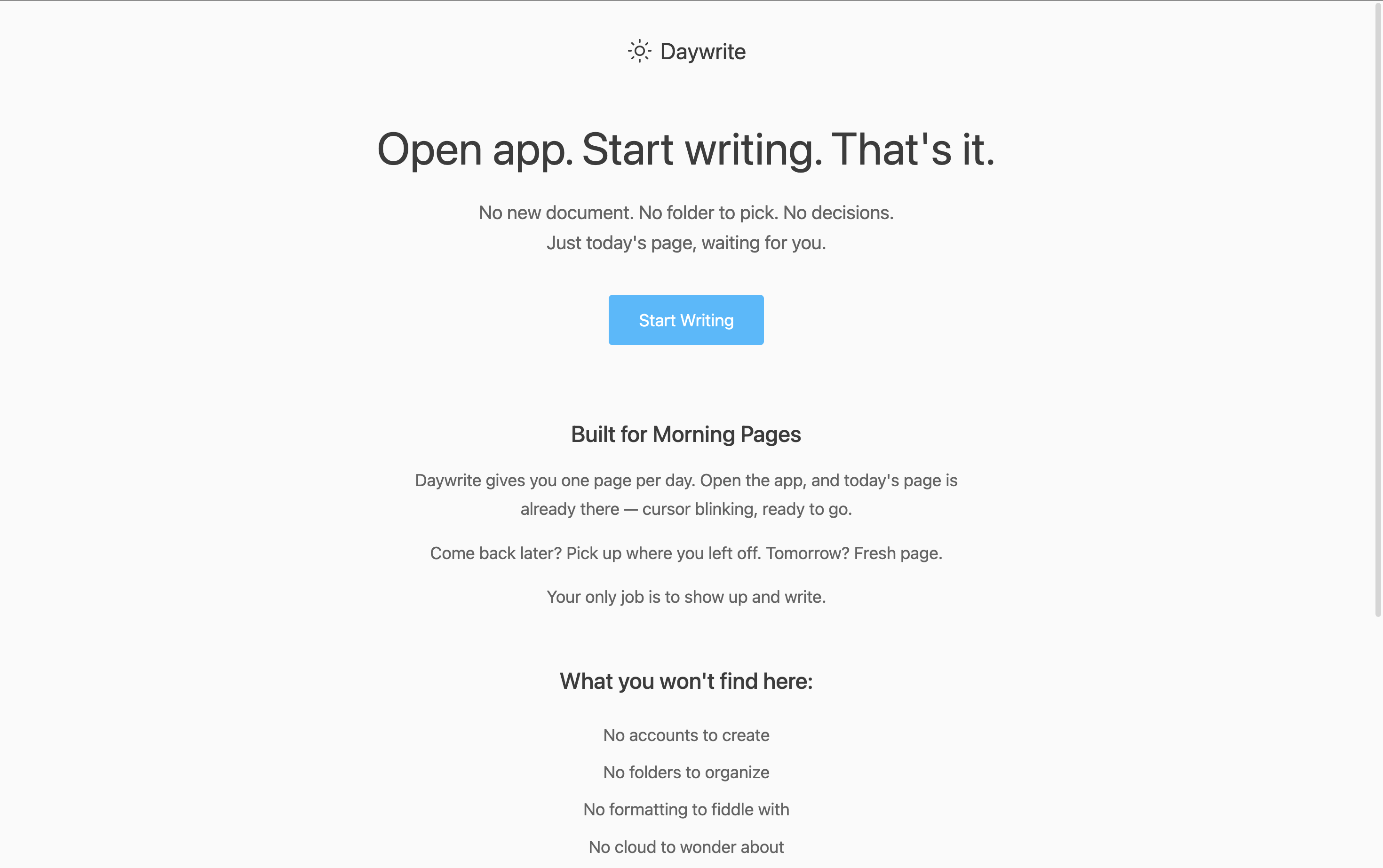 Daywrite — Morning Pages Made Simple - Main product screenshot demonstrating key features and user interface