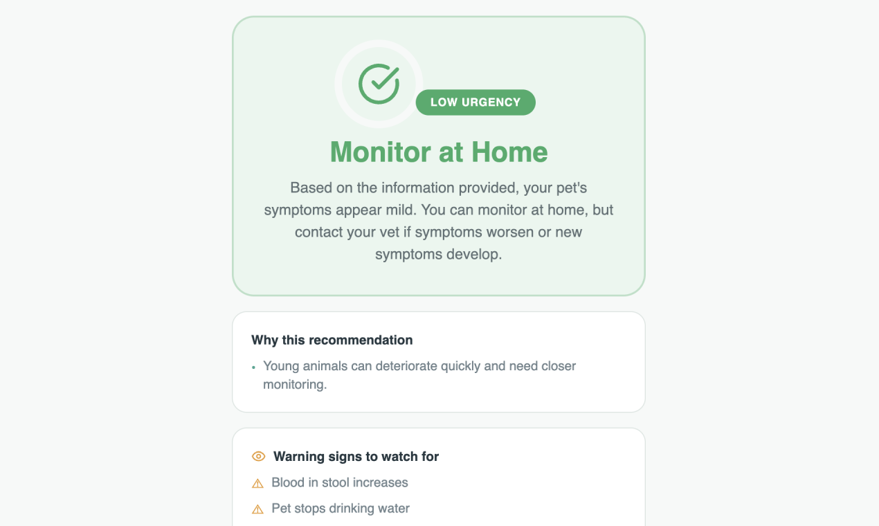 PetCareMedic 1-Minute Pet Symptom Triage - Screenshot 3 showing product features and functionality