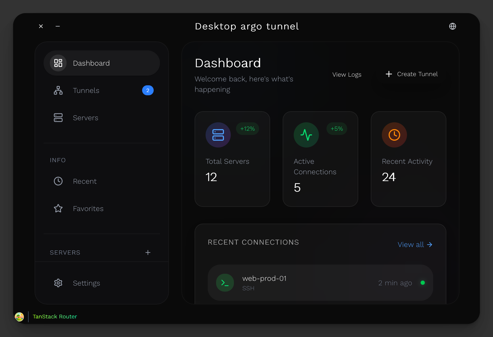 Desktop Cloudflare Tunnel UI - Main product screenshot demonstrating key features and user interface