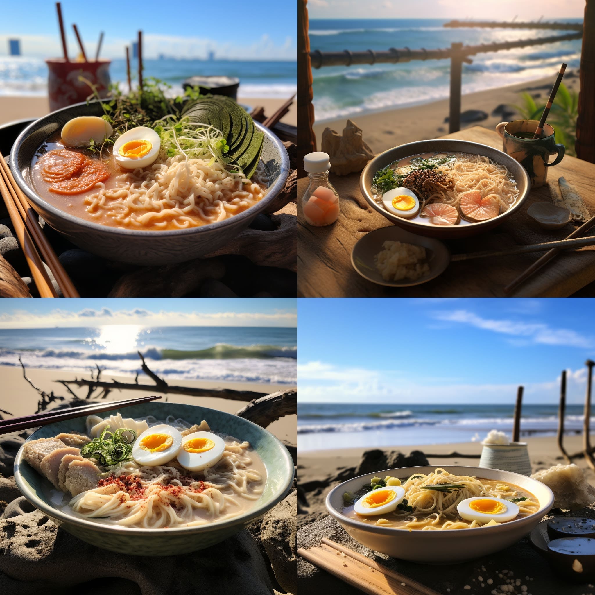 Midjourney prompt used:Prompt Used: A realistic photo of a tonkotsu ramen by a beach