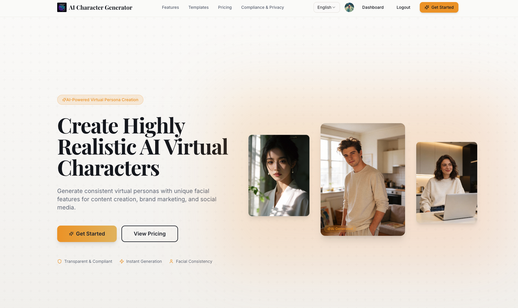 AI Character Generator - Main product screenshot demonstrating key features and user interface