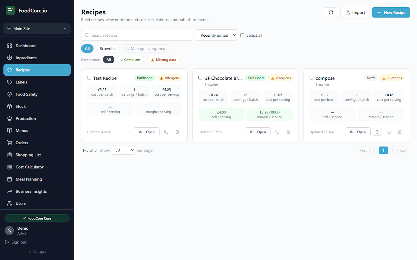 FoodCore Kitchen Management Software screenshot 1