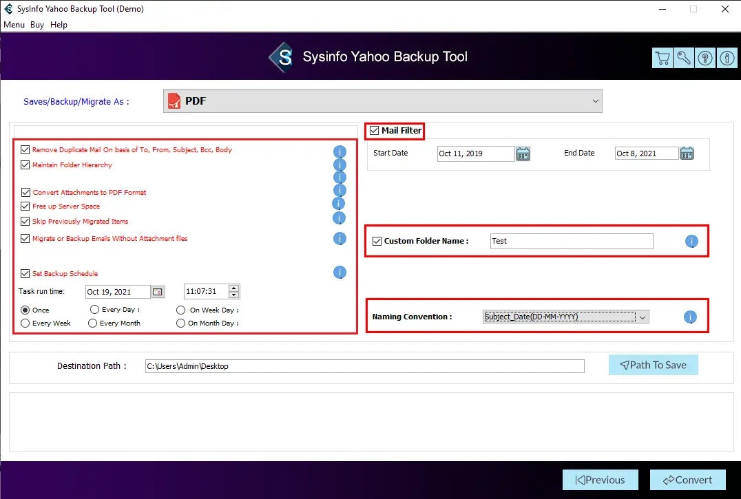 Yahoo Mailバックアップツール - バックアップYahooメールボックスアイテムは、PST、MSG、EML、TXTなどになります。メディア5