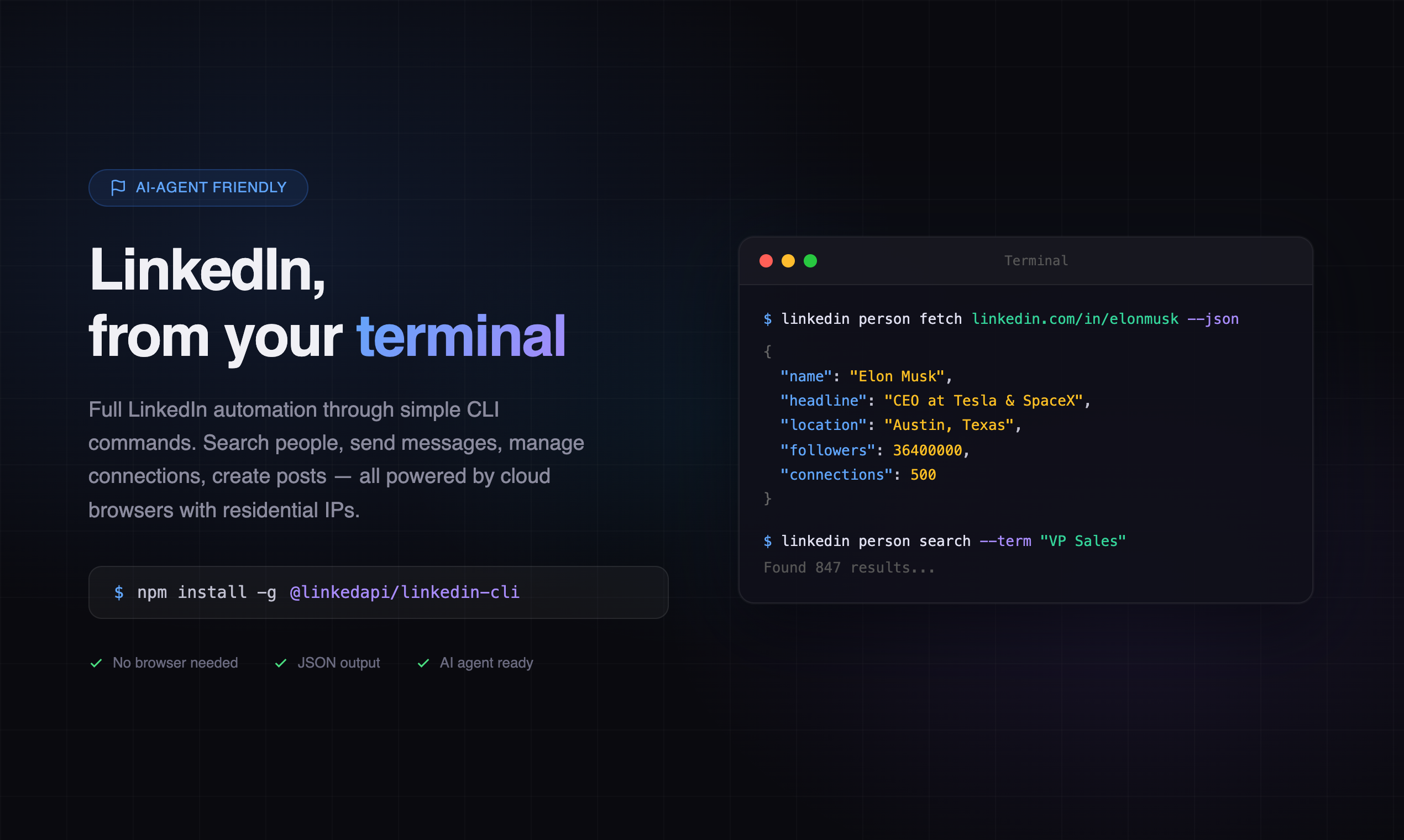 LinkedIn CLI - Main product screenshot demonstrating key features and user interface