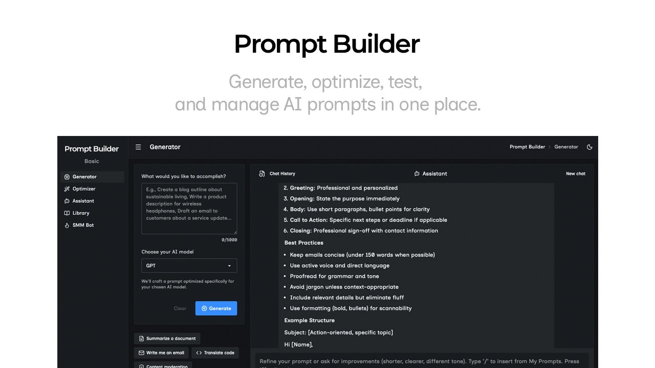 Prompt Builder - Main product screenshot demonstrating key features and user interface