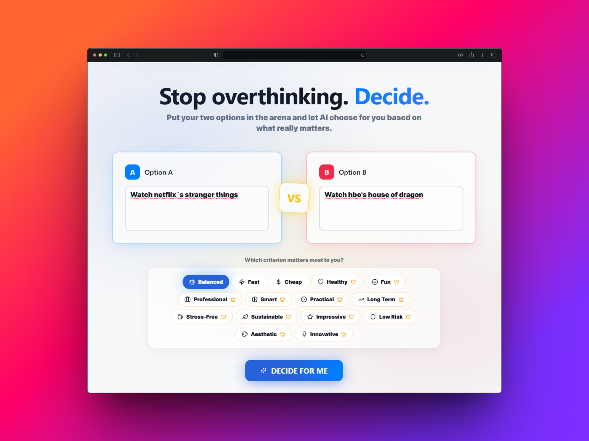 Decisor.ai - Main product screenshot demonstrating key features and user interface