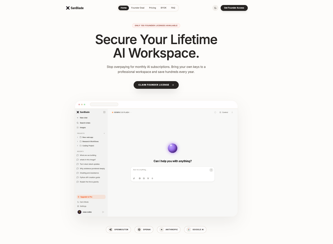 SanBlade – The AI Workspace - Main product screenshot demonstrating key features and user interface