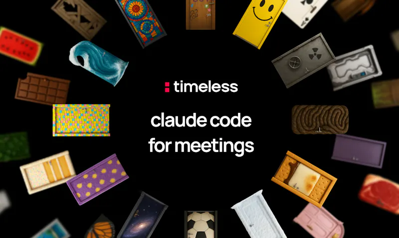 Timeless agentic meeting platform dashboard showing Rooms workspace with meeting transcripts and agent actions