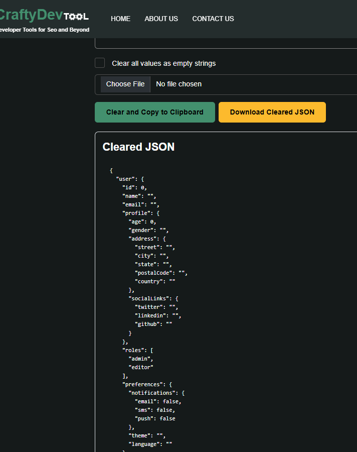 JSON Clear waarden - Sanitize, leeg, schone json online media 2