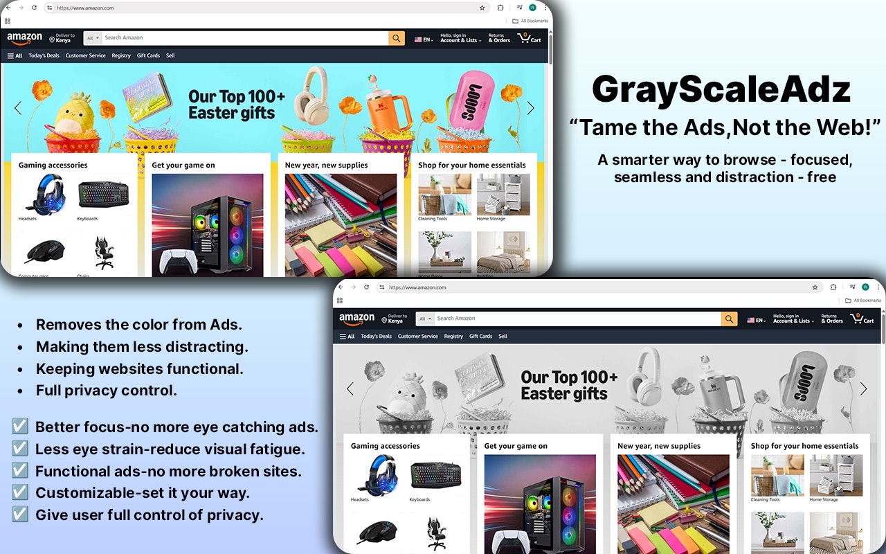 Média Grayscaleadz - Transformez les annonces colorées en noir et blanc |extension chromée 2