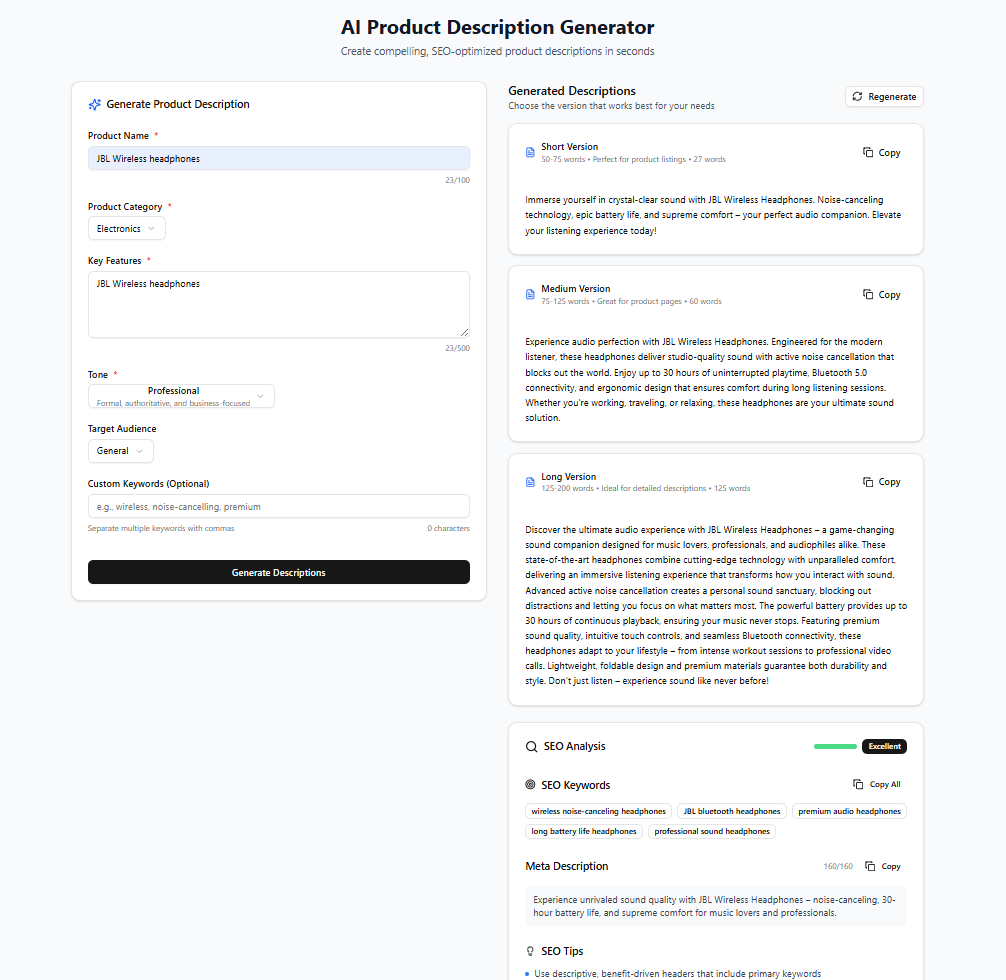 Produkt - Produktbeschreibung von AI-betrieben und SEO-Schlüsselwörtergenerator. Medien 3