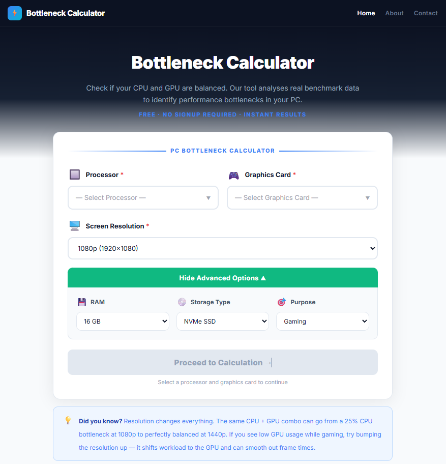 BottleneckCalculator.ai - Main product screenshot demonstrating key features and user interface