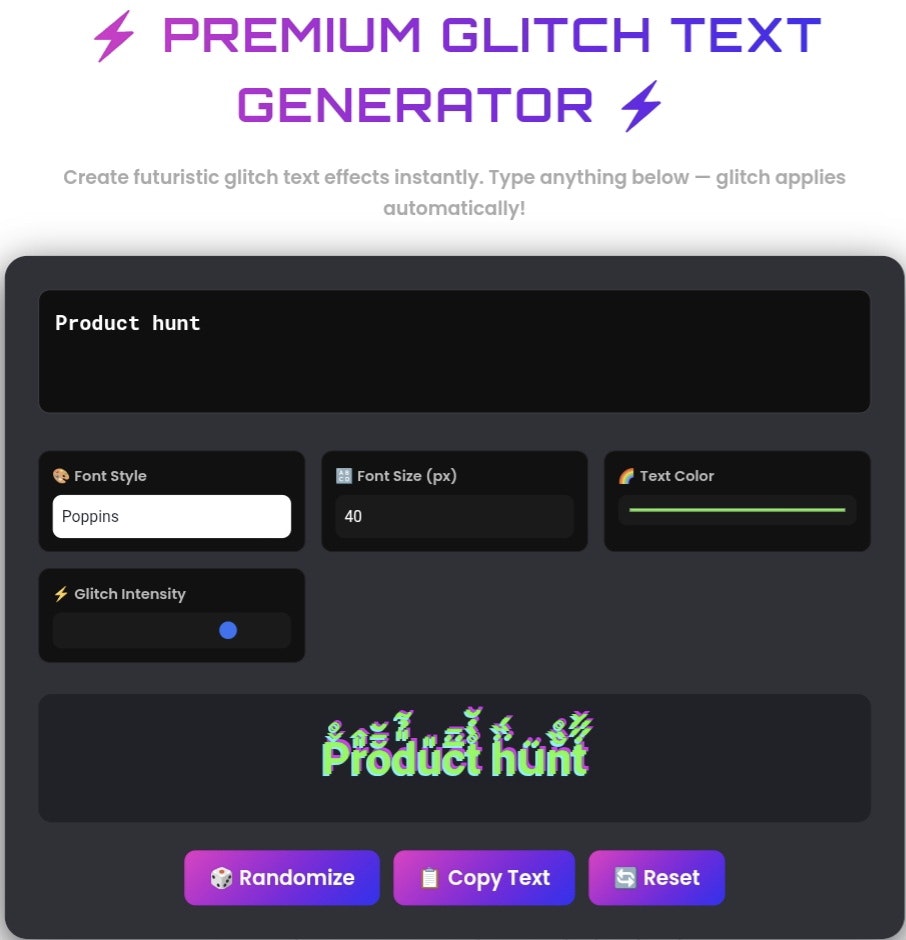 glitchtextgenrator.com - Screenshot 3 showing product features and functionality