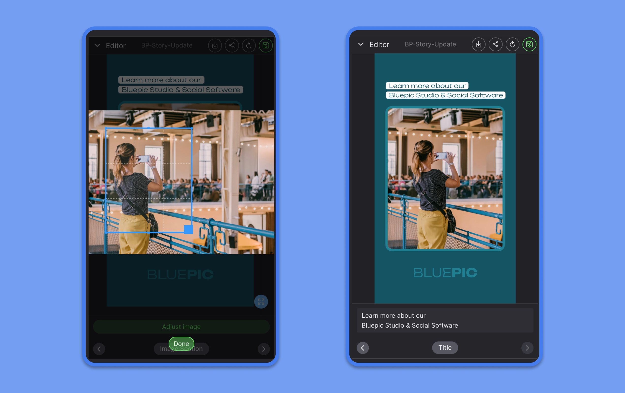 Bluepic Social - アプリにBluepicテンプレートを使用して数秒でコンテンツを作成するメディア4