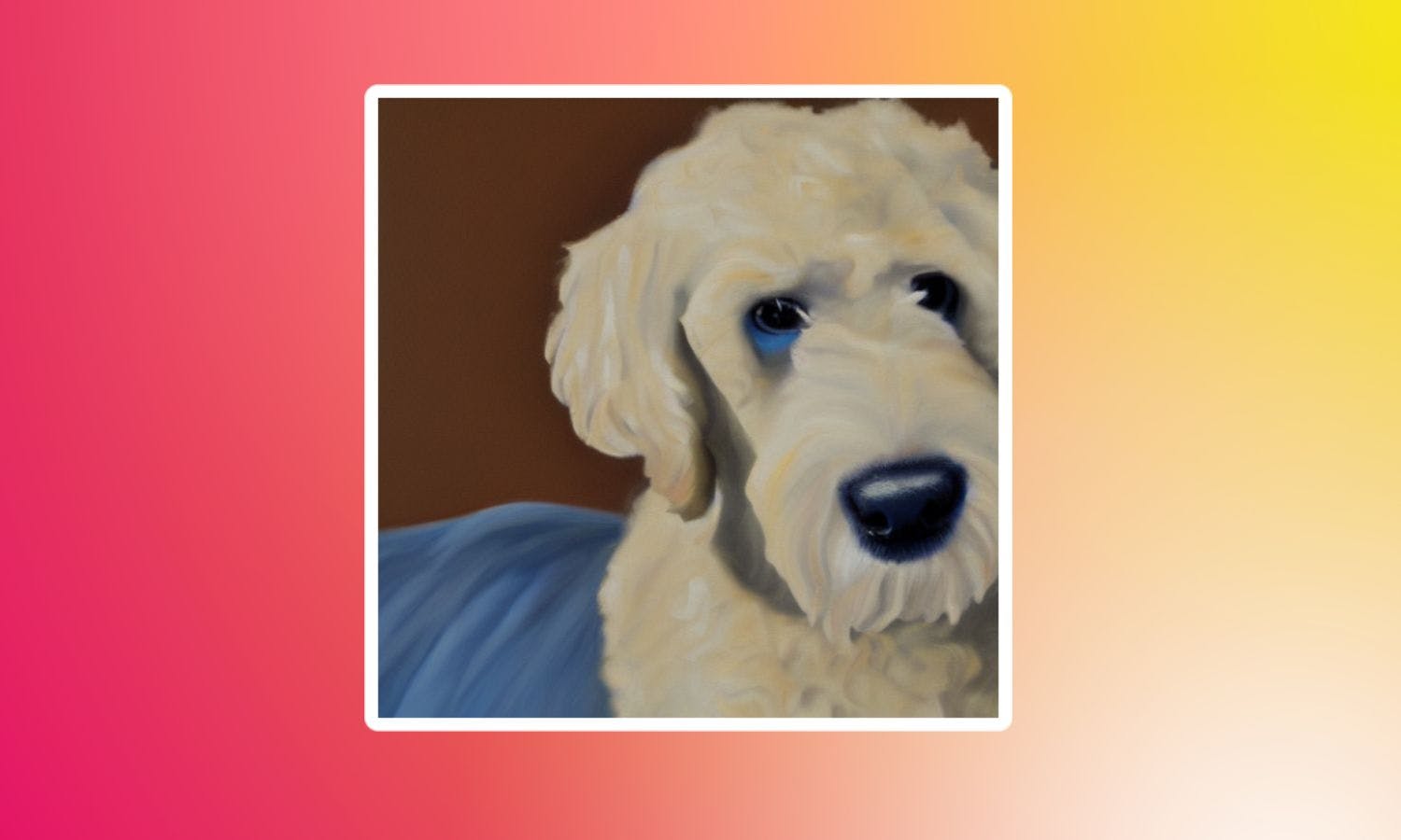 An oil painting of a cream-colored goldendoodle with one blue spot on its left eye