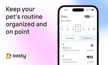 一个人手持着打开的Dosty应用的手机，享受管理宠物日常生活的便利。