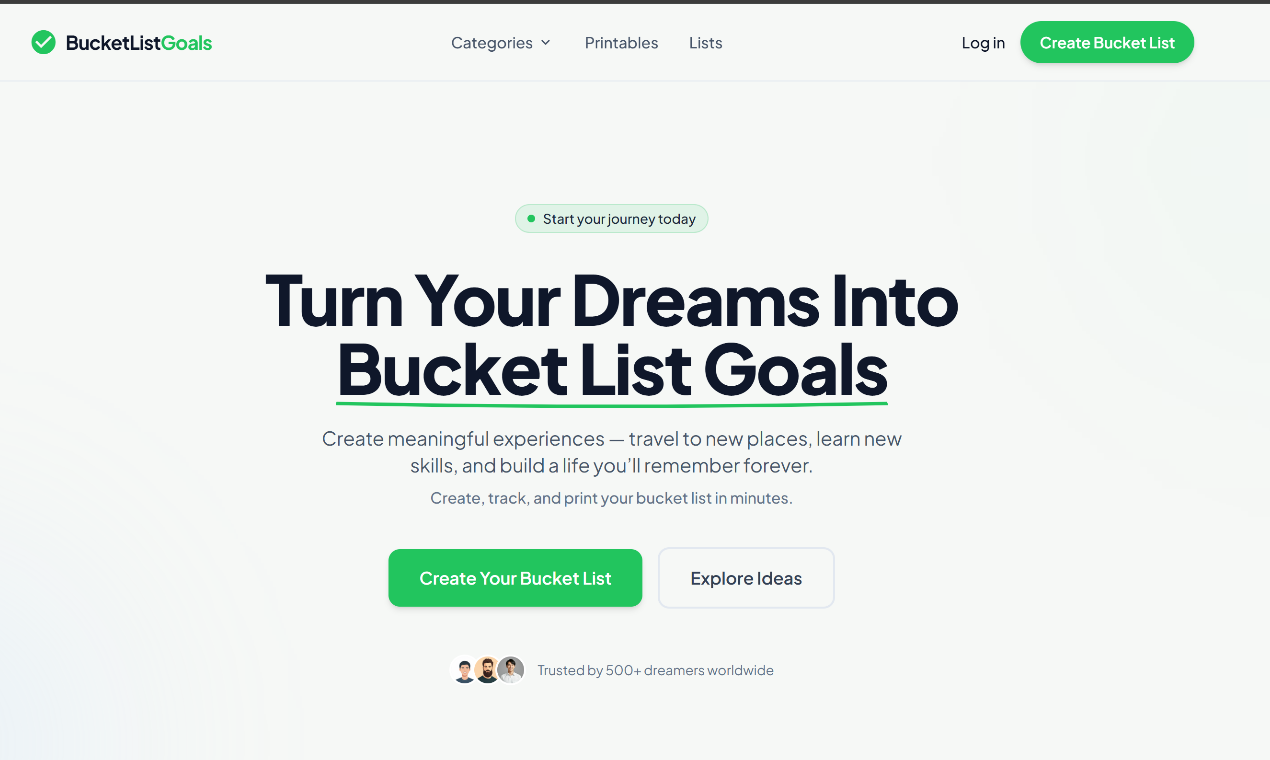 Bucket List Goals - Main product screenshot demonstrating key features and user interface