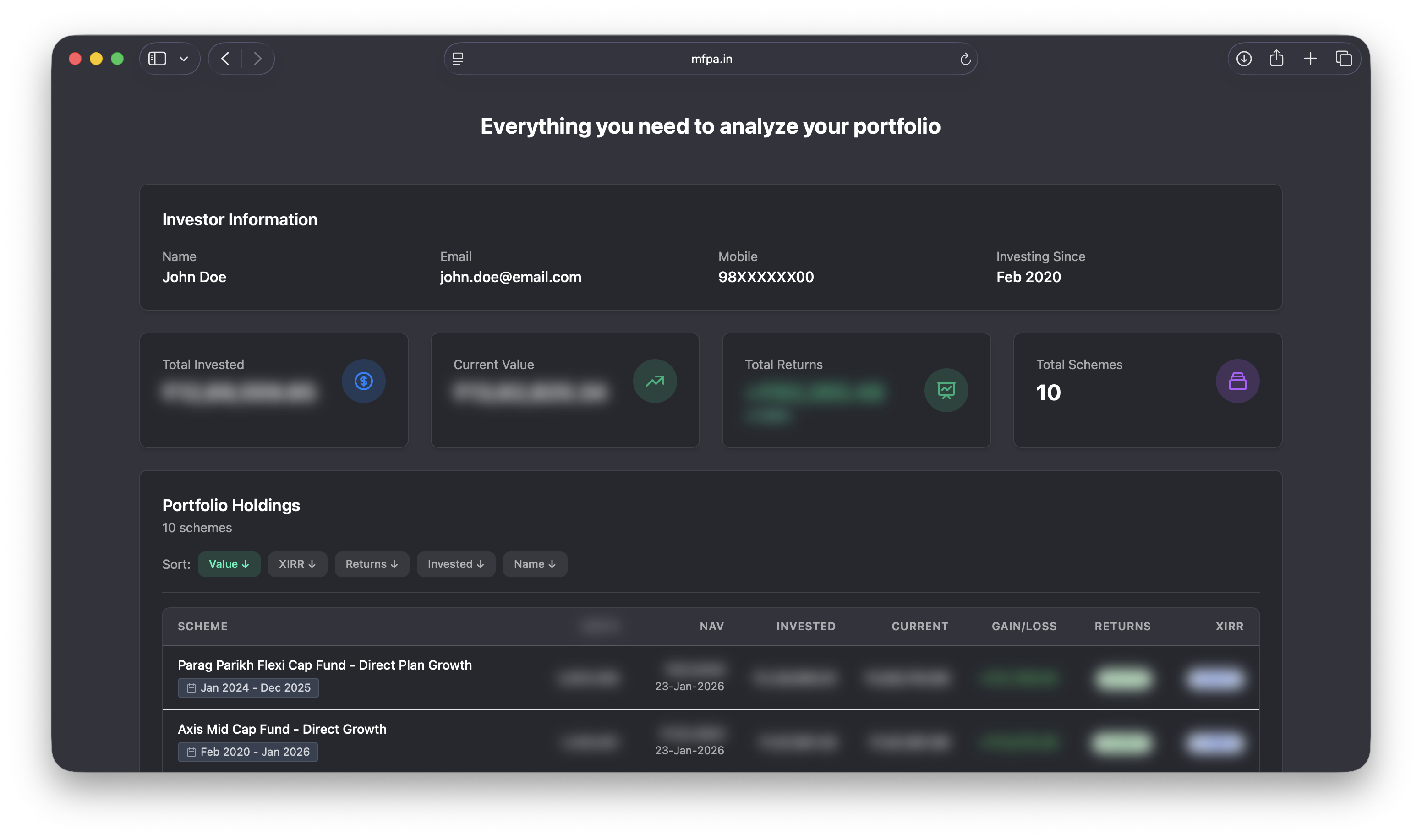 MFPA - Mutual Fund Portfolio Analyzer - Screenshot 3 showing product features and functionality