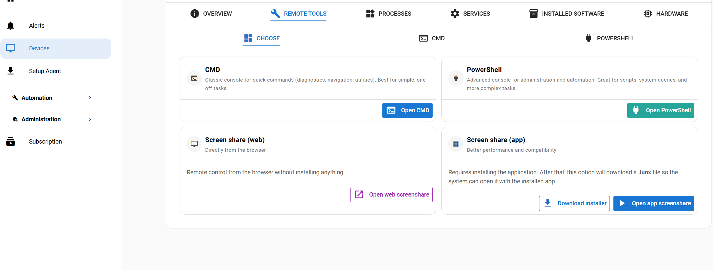 Lunixar RMM - Main product screenshot demonstrating key features and user interface