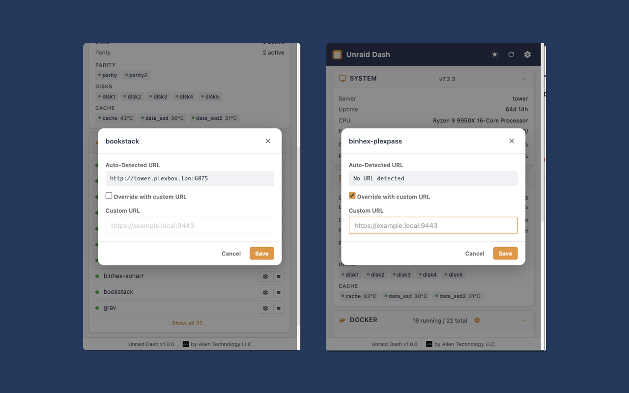 Unraid Dash - Main product screenshot demonstrating key features and user interface