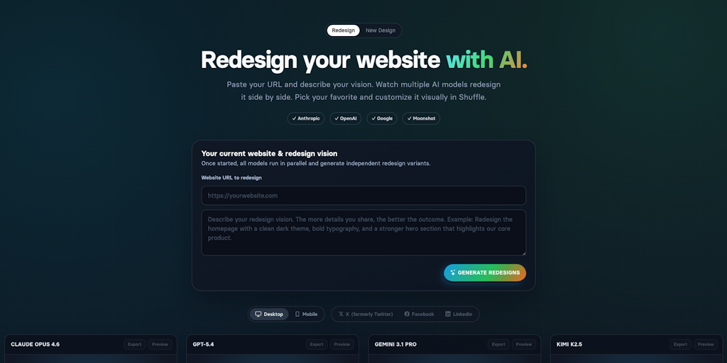 AI Website Redesign by Shuffle: Watch multiple AI models redesign your website side-by-side AI Website Redesign by Shuffle: Watch multiple AI models redesign your website side-by-side