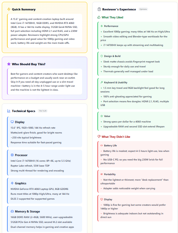 Sincer: Laptop Fact-Finder - Screenshot 3 showing product features and functionality