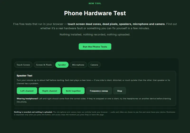 Phone Test browser-based hardware check screenshot 1