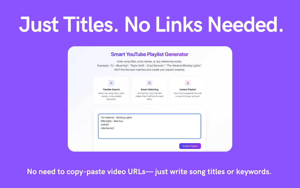 스마트 유튜브 재생 목록 생성기 - 노래 제목 또는 키워드의 즉각적인 YouTube 재생 목록. 미디어 2