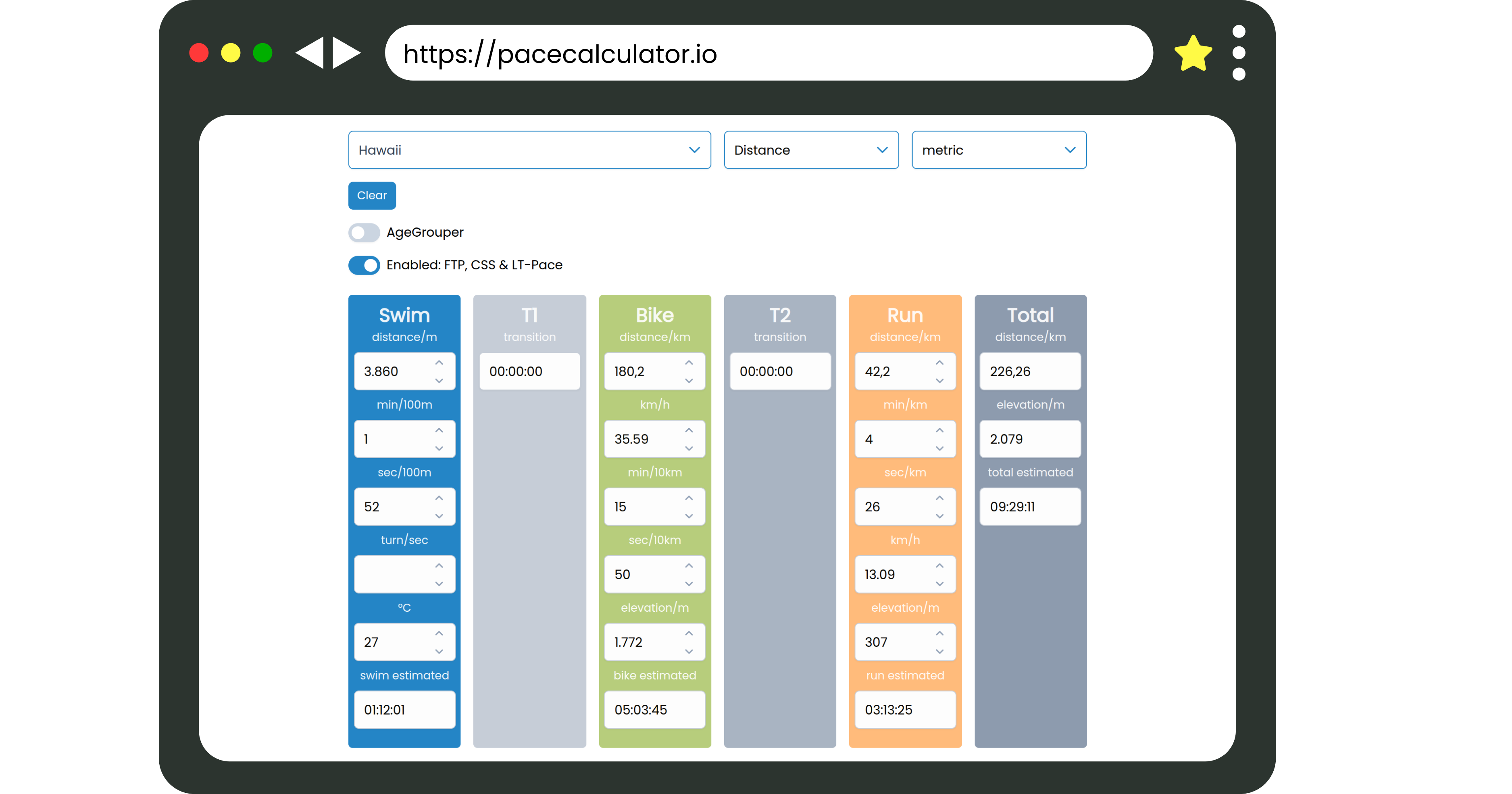 pacecalculator.io - 150 개의 이벤트가있는 개인화 된 트라이 애슬론 페이스 계산기 미디어 1