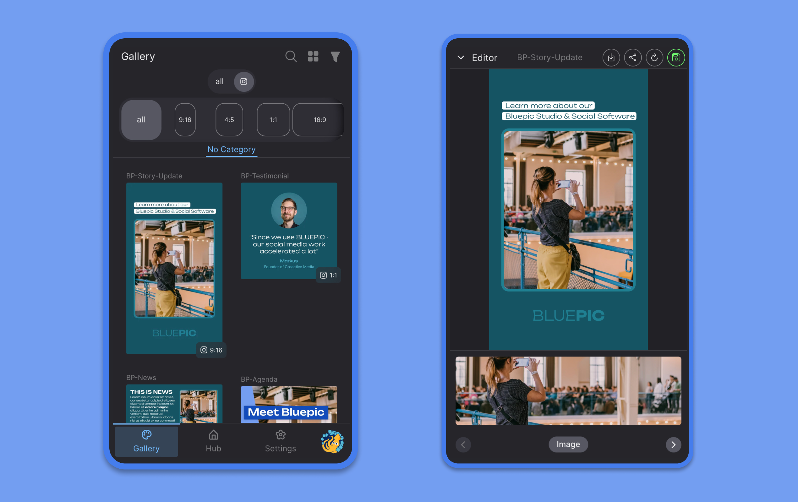 Bluepic Social - アプリにBluepicテンプレートを使用して数秒でコンテンツを作成するメディア3