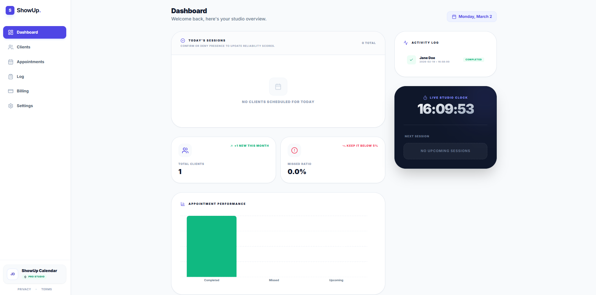 ShowUp Calendar - Main product screenshot demonstrating key features and user interface